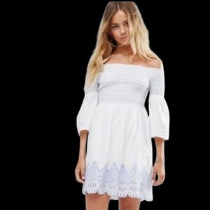 Miss Selfridge NWT White Off Shoulder Smocked Dress Blue Embroidered Hem US 8